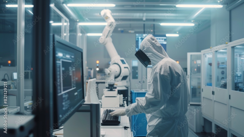 Poster cleaning room: an engineer wearing coveralls controls the system on a computer, uses a controller, m