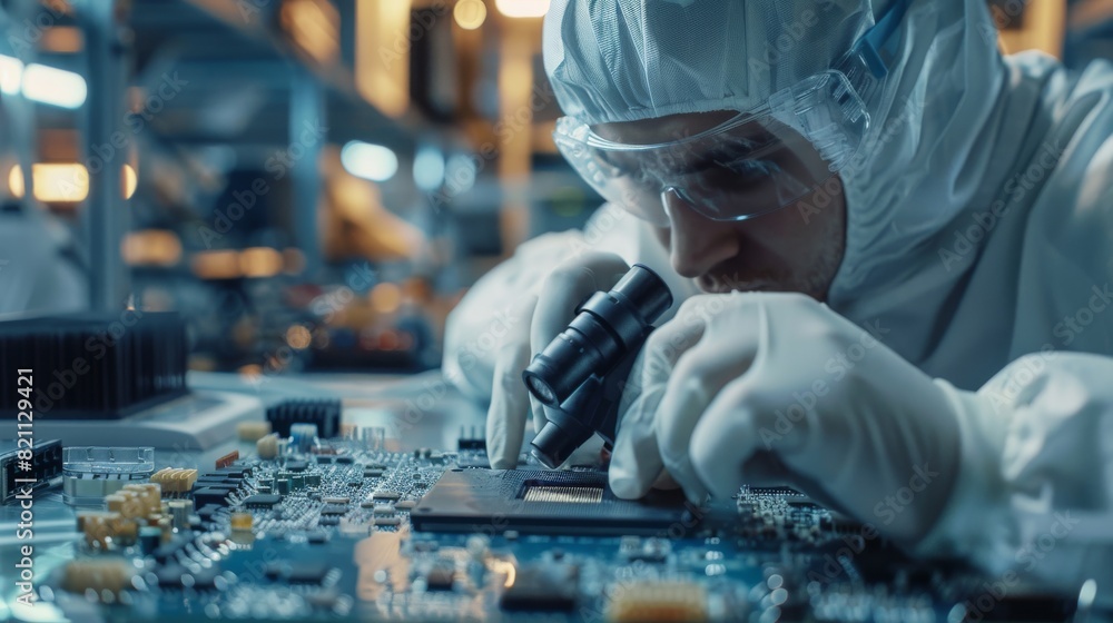 Poster engineer scientist inspects motherboard microprocessor component wearing a coverall and gloves in a 