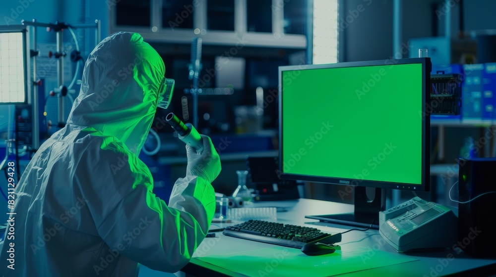 Poster an engineer scientist wears a coverall and gloves as he works with a microscope and shows a chroma k
