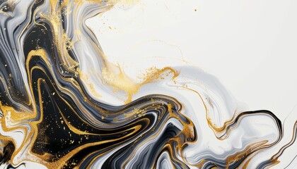 An abstract art piece with swirls of gold and black marble textures, resembling fluid dynamics in watercolor paint, set against a white background, suggesting luxury and modernity