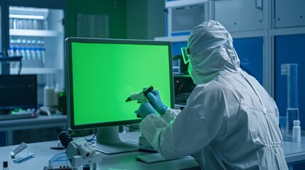 Photograph of an engineer scientist in a cleanroom with a microscope and a computer showing a green screen display with chroma keys. A scientific and electronics research facility with a chroma key