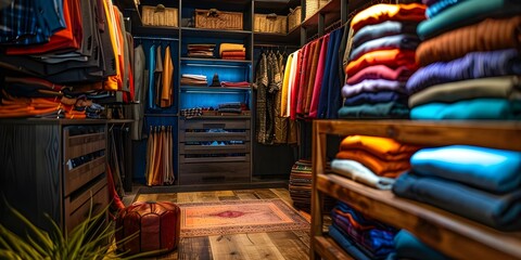 Masculine walkin closet with dark slate shelving and stylish clothes displayed. Concept Walk-in Closet Design, Masculine Décor, Dark Shelving, Stylish Clothing Displayed
