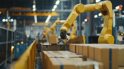 Modern Factory Automation: Robot arm packing metal components into cardboard boxes. Conveyor line picks and packs products into boxes. Fully automated warehouse robotics.