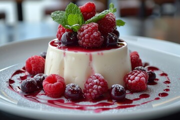 Panna Cotta: A small dish of panna cotta with a smooth, creamy texture, topped with a berry compote or caramel sauce.