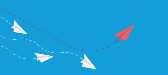 Red paper plane changing direction from white. New ideas. Different business concepts. Courage to risk. leadership. Think different. Vector illustrations
