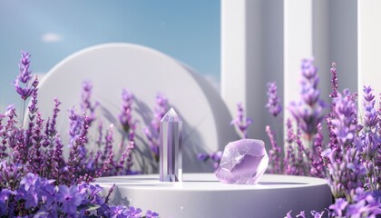 A lavender-themed podium in a purple floral setting, designed for showcasing products amidst a backdrop of lavender flowers and crystal elements