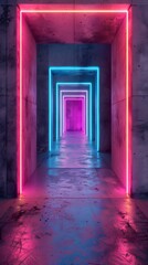 A close up of a hallway with a neon light at the end