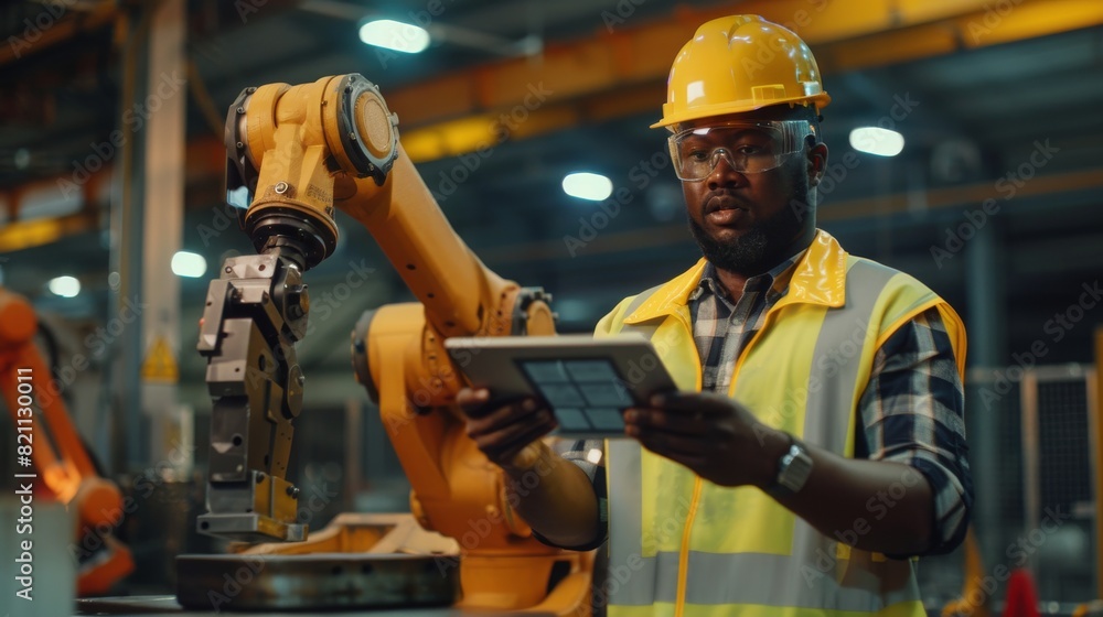 Poster engineer wearing safety vest and hardhat, programming robot arm with industrial tablet, smiling at c