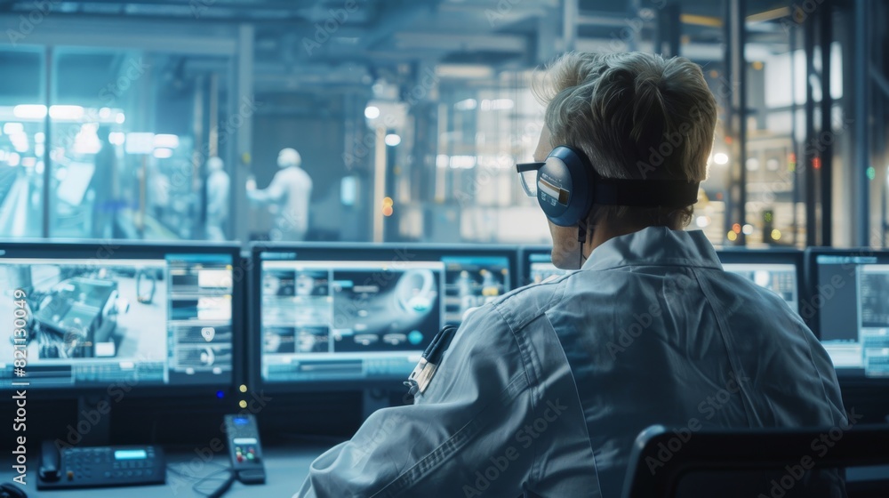Poster 4.0 modern factory: security operator uses computer to control workshop production line, displays su