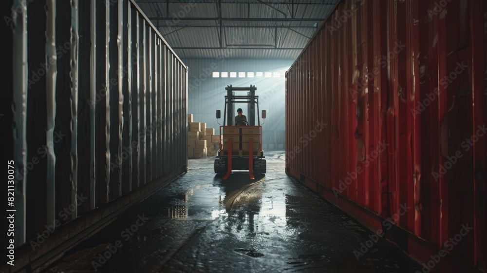 Aufkleber in this image shot from inside the container, a forklift driver is loading or unloading a shipping c