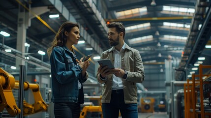 Obraz premium In a modern factory, a female project manager and a male engineer stand in a high-tech development facility, talking and using a tablet computer. CNC machinery, robot arms, and the latest production
