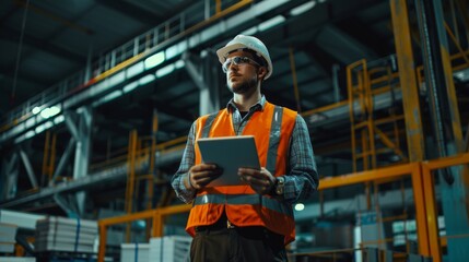 An Engineer, wearing a safety vest and hardhat, stands in the workshop of a modern factory using a tablet computer. A handsome employee working in an industrial facility with high tech equipment.