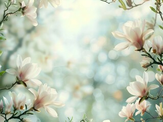 A serene floral frame made up of soft spring blooms like magnolias and forsythia, elegantly bordering a peaceful space for text. AI generated