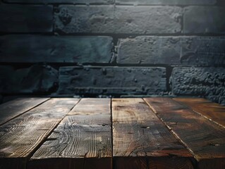 A somber setting of an ancient wood table with a blurred background of a concrete block wall, all enveloped in darkness. AI generated