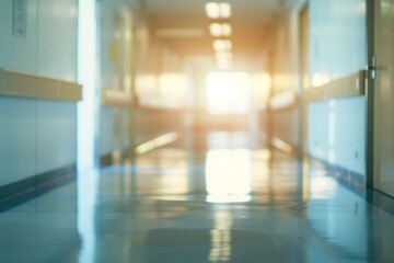 A subtle blurred image of a brightly lit clinic corridor, creating a calm and sterile atmosphere. AI generated