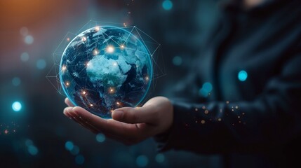 Businessman grasping a worldwide network, futuristic technological backdrop, worldwide commerce, internet network access, IoT (Internet of Things), and business intelligence notion