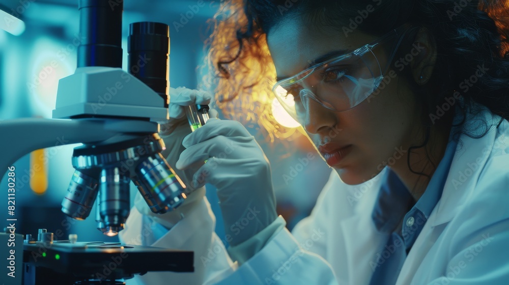 Poster scientists work together with the help of technology and computers, using a micropipette to extract 