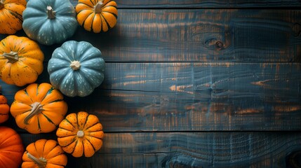 A top view of vibrant Thanksgiving pumpkins arranged on a rustic wooden background, leaving ample copy space for festive greetings. AI generated
