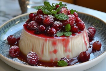 Panna Cotta: A small dish of panna cotta with a smooth, creamy texture, topped with a berry compote or caramel sauce.