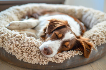Close up of adorable pet dog sleeping in comfortable dog bed during the day, pet routine concept, Generative AI