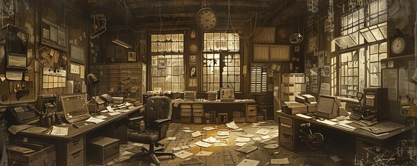 Abandoned office with scattered schedules, steampunk, sepia, illustration, conveying a sense of disorganization