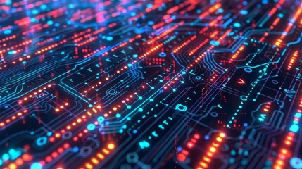 Fototapeta premium Abstract image of a circuit board with red and blue lights.