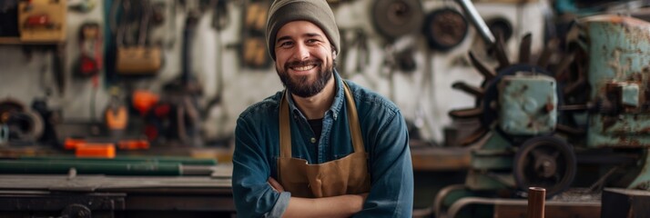 Confident young artisan stands in his workshop filled with tools and machinery, arms crossed - Powered by Adobe