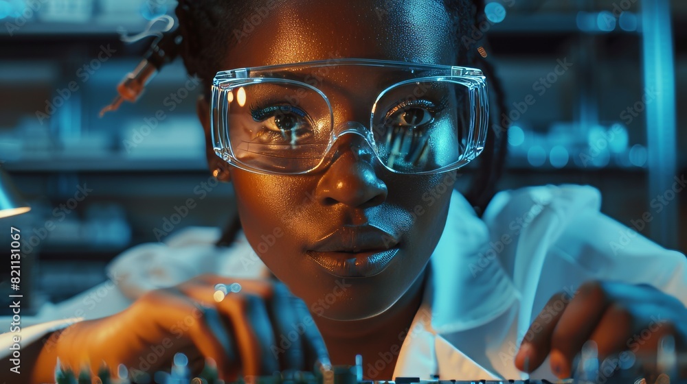 Canvas Prints The modern electronic facility includes a beautiful black female scientist and engineer who is responsible for soldering circuit boards and designing silicon microchips and semiconductors.