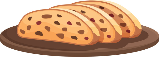 Three slices of delicious raisin bread arranged on a round wooden board, isolated on white