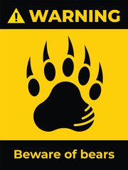 Warning beware of bears. Bear hand paw and claw icon sign banner illustration isolated on vertical yellow background. Simple flat wild animal food prints drawing for poster prints and web icons.