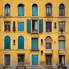 Obraz premium Colorful yellow building facade with various windows and green shutters, enhancing the architectural charm in urban setting.