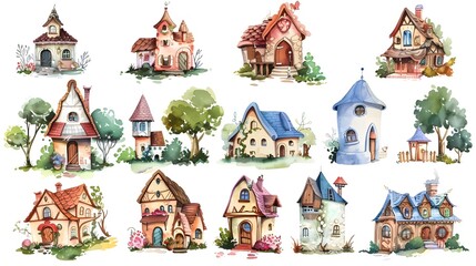 Charming Collection of Whimsical Watercolor Illustrated Storybook Cottages and Enchanting Fairytale Dwellings in a Quaint Historic Village Scene