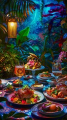 Fototapeta premium Capture a utopian culinary fusion in a panoramic view, showcasing vibrant, delectable dishes blending into a harmonious feast, with a touch of surreal lighting to elevate the scene
