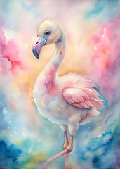 Cute Enchanting Baby Flamingo on a Pastel Background: Dreamy Pastel Palette, Soft Delightful Watercolor Colors