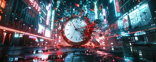 A shattered watch face in a futuristic city, cyberpunk, neon, digital art, symbolizing broken schedules in a fastpaced world