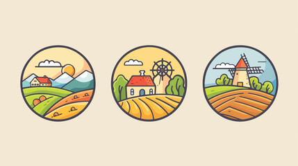 Colored logotype with countryside landscape farm build