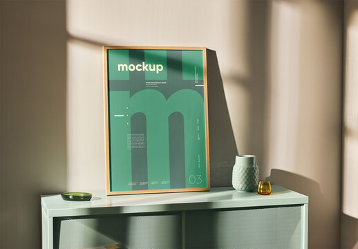 Mockup of customized picture frame on shelf