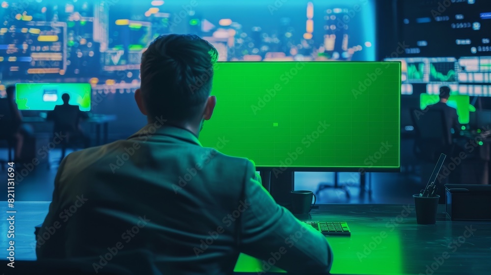 Poster team of brokers and finance specialists work on big data with a green screen mock-up on a computer d