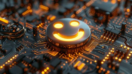 Illustration of a happiness icon with life text on an electronic mainboard background with AI symbol, symbolizing AI in enhancing happiness