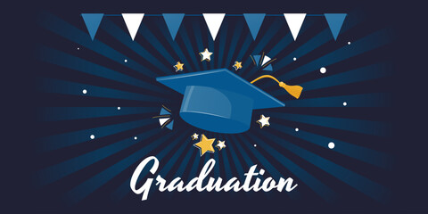 Graduation blue background with graduation cap, stars, confetti, pennant garland. For a ceremony congratulating graduates of high school, university or college.