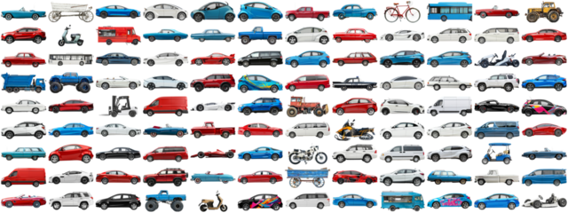 108 cars and various vehicles set of sedan, sports car, super car, bus, electric car, race car and other motor vehicles, many car photo collection set on isolated background AIG44