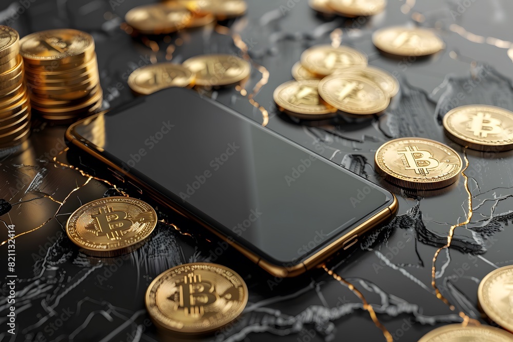 Poster a close up of a cell phone surrounded by coins on a table