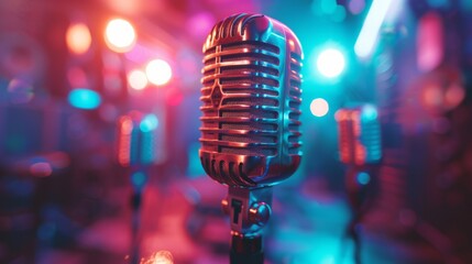 Boom Microphones in Retrowave Glowing Colors in Recording Studio

