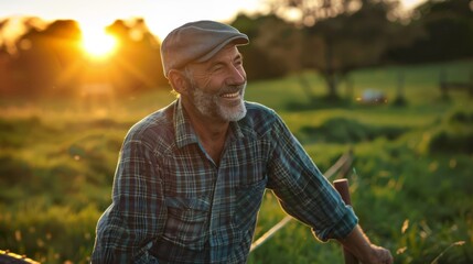 Obraz premium A Joyful Senior Farmer at Sunset