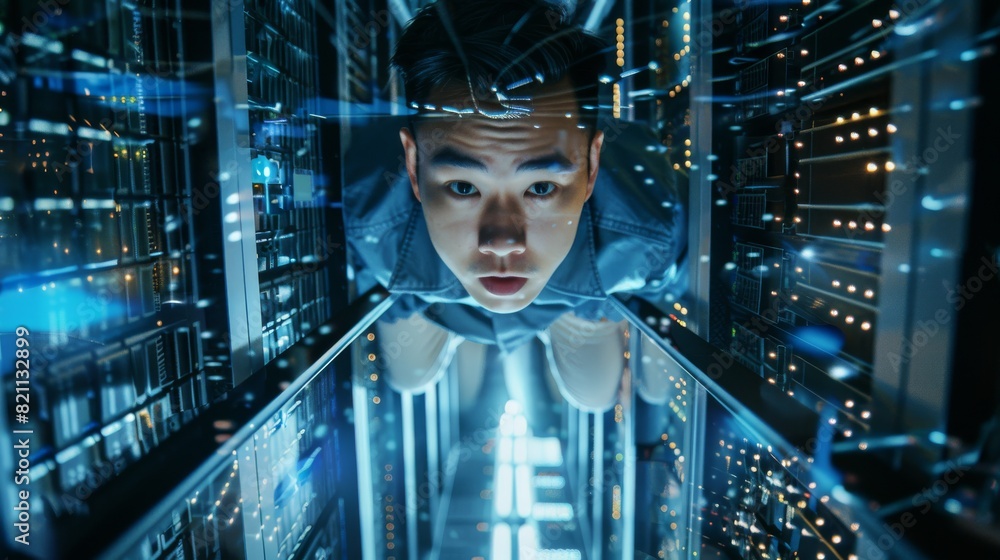 Poster cloud computing specialist facility. multiethnic asian system administrator working with data protec