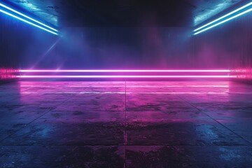 3d technology abstract neon light background, empty space scene, spotlight, dark night, virtual reality, cyber futuristic sci-fi background, street floor studio for mock up