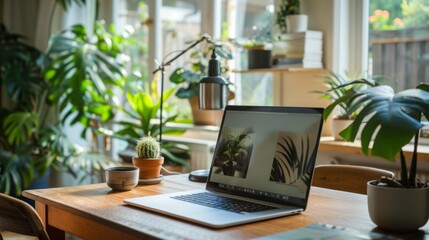 A laptop is placed on a wooden table in front of a window, creating a workspace with natural light.