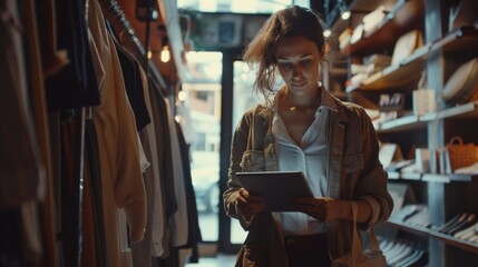 Female Visual Merchandising Professional Creates Stylish Collection Using Tablet Computer. Fashionable Retail Assistant Checks Stock. Small Business Owner Places Order.