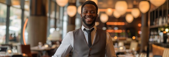 Welcoming male waiter smiling at guests in a stylish restaurant, ready to offer excellent service