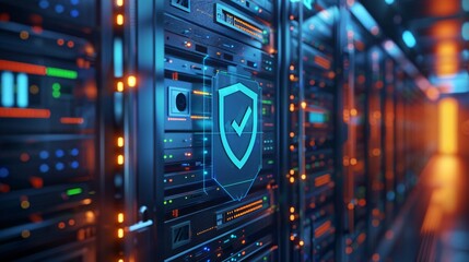 Obraz premium Blue and orange glowing server racks with a green checkmark symbol in the center.